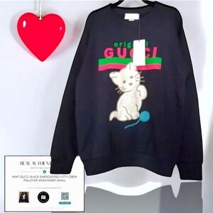 NWT Gucci Kitty Cat Oversized Black Embroidered Logo Pullover Sweatshirt & COA